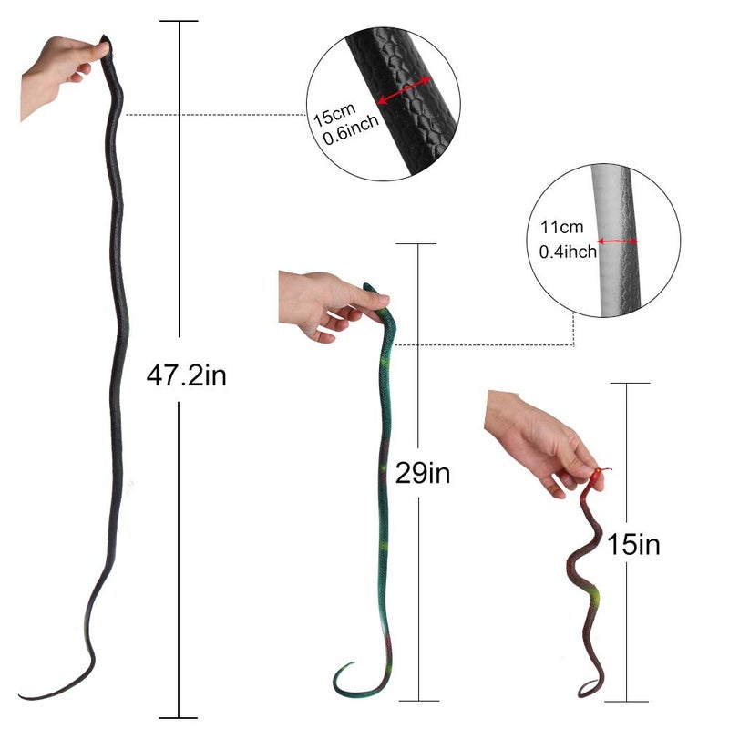 Outee 7 Pcs Realistic Rubber Snakes - Fake 15-47.2 Inch Black Snake Toys for Garden Props, Scaring Birds & Squirrels, Halloween & Easter Gifts, Lifelike Scary Gag Props - Image 2